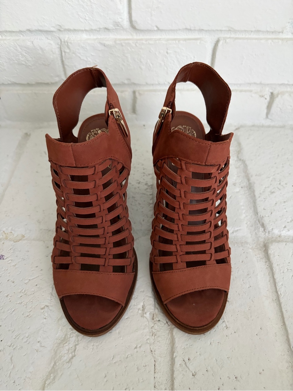 Vince Camuto Woven Caged Open-Toe Block Heel Sandal - Rust
